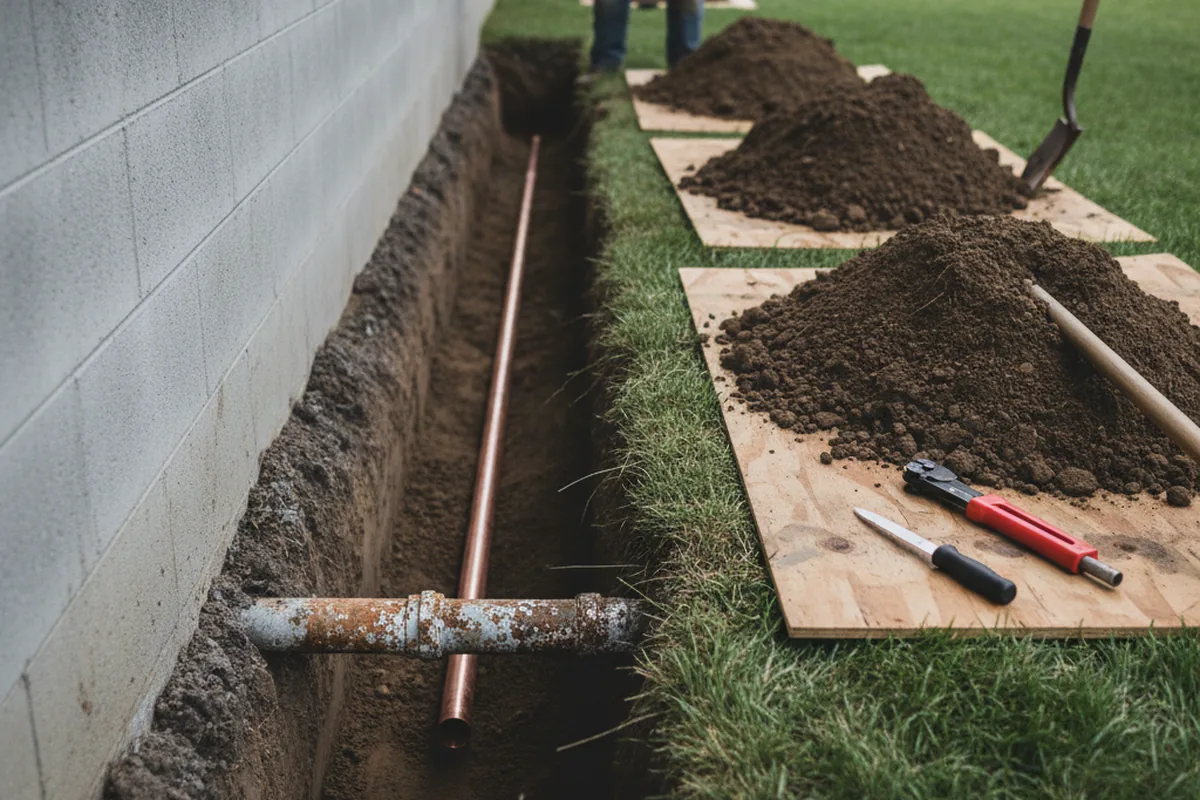 Excavated water line trench during Water Heater Repair in Palm Beach Gardens